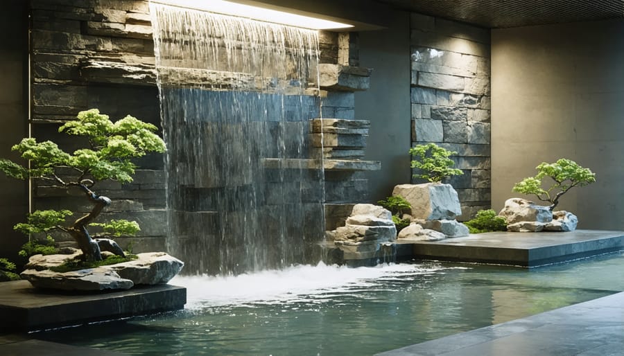 Modern indoor fountain with cascading water over natural stone elements