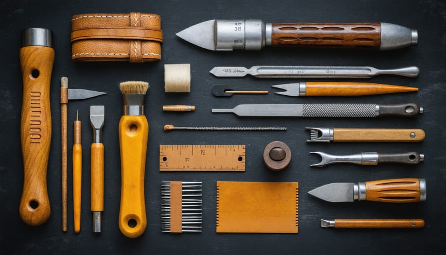 Organized display of leather tooling equipment including swivel knife, stamps, and mallet