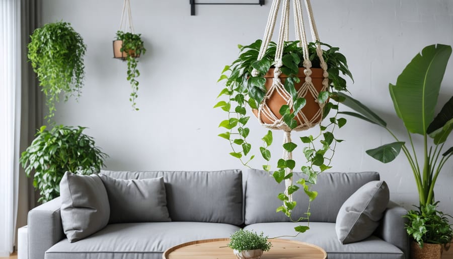 White macramé plant hanger holding a lush money plant with trailing vines