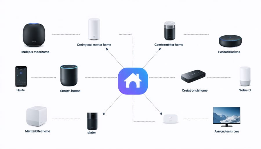 Visual diagram of various smart home devices unified under the Matter protocol