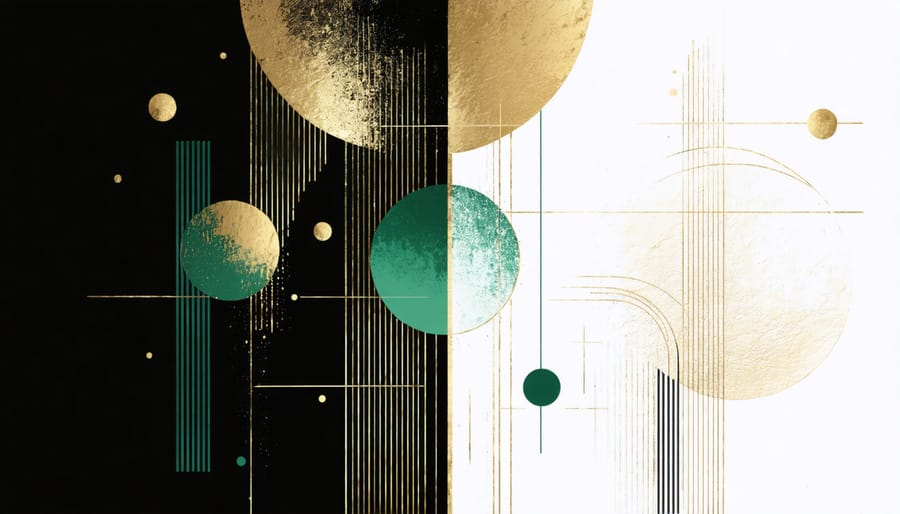 Modern interpretation of Art Deco living room with rich colors and metallic accents