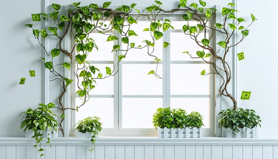 Money plant thriving on a wooden trellis in natural indirect sunlight