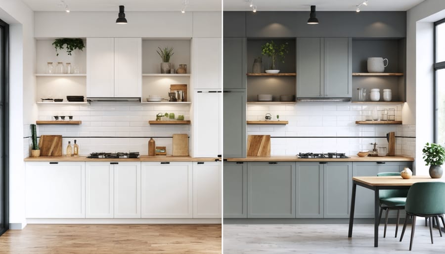 Side-by-side comparison of kitchen walls painted in warm grey and greige with white cabinetry