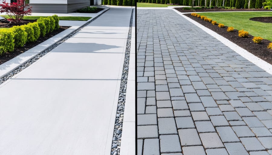 Split view comparing conventional concrete driveway with permeable paving system showing water absorption