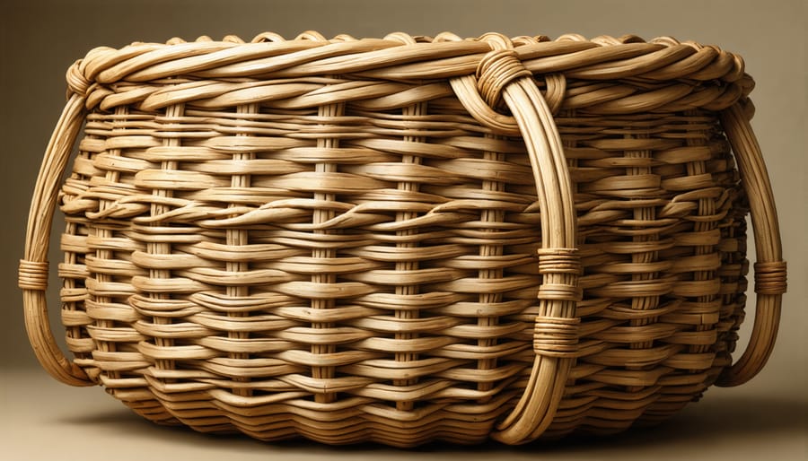 Hands weaving a plaited basket demonstrating the classic cross-weave pattern
