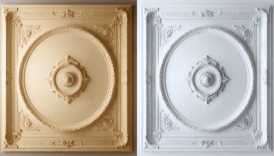 Comparison showing damaged and fully restored ornate plaster ceiling medallion