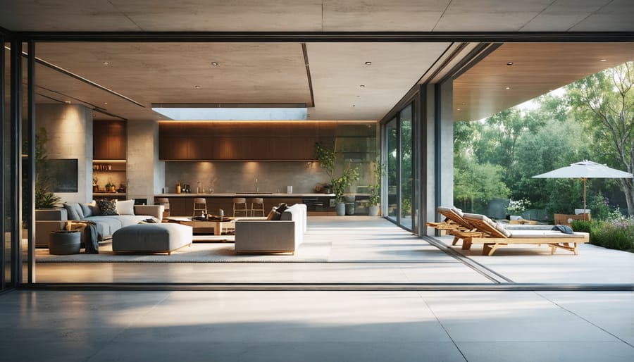 Open floor plan interior of ranch home with sliding glass doors leading to patio