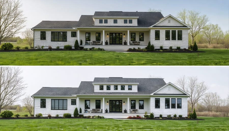 Side-by-side comparison of ranch home exterior before and after renovation