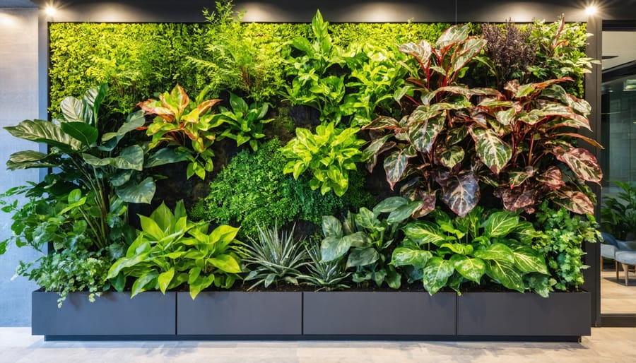 Vertical garden system mounted on house exterior wall with diverse plant arrangement and visible irrigation components