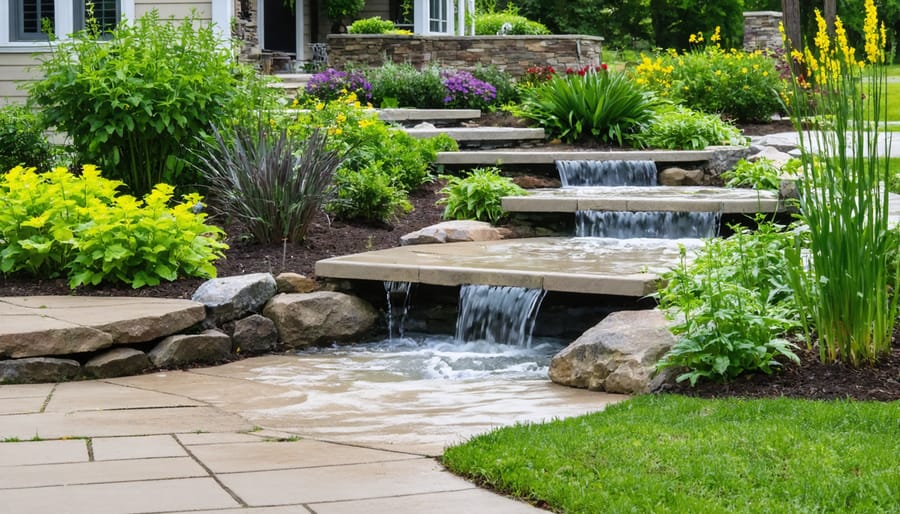 Landscaped rain garden with layered native plants capturing rainwater runoff from nearby structures