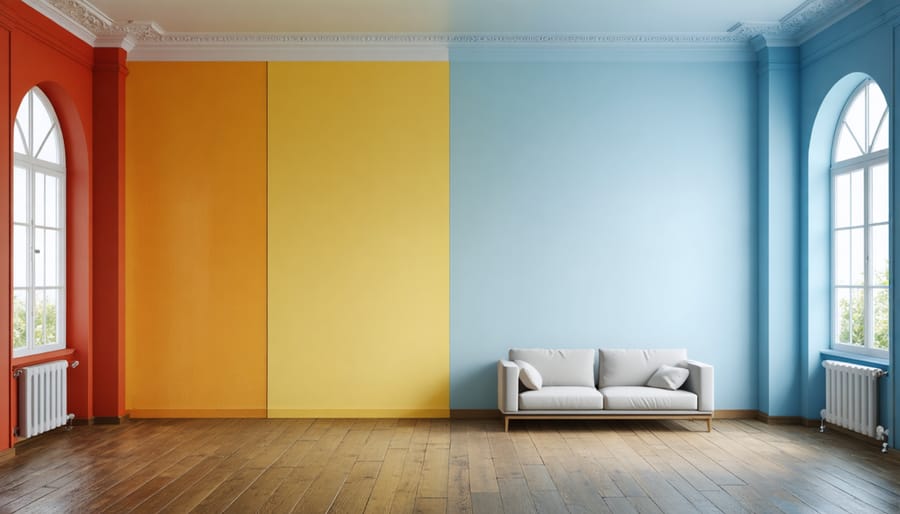 Side-by-side comparison of a room decorated in energizing red/orange tones versus calming blue/green tones