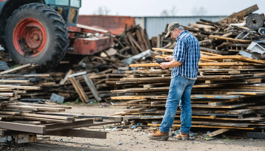 DIY renovator browsing through salvaged doors, windows, and building materials