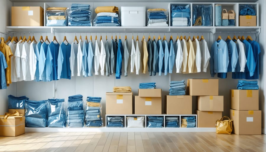 Efficient storage system for seasonal clothes using space-saving vacuum bags and clear storage containers