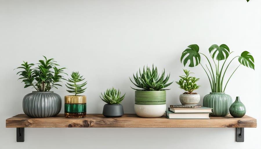 Aesthetic shelf styling with money plants in copper, ceramic, and glass containers