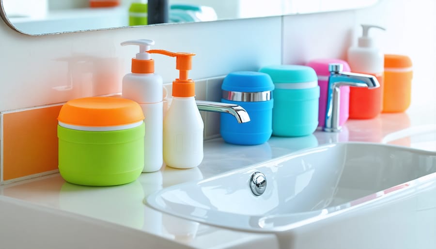 Various sizes of reusable silicone travel containers neatly arranged on a bathroom counter