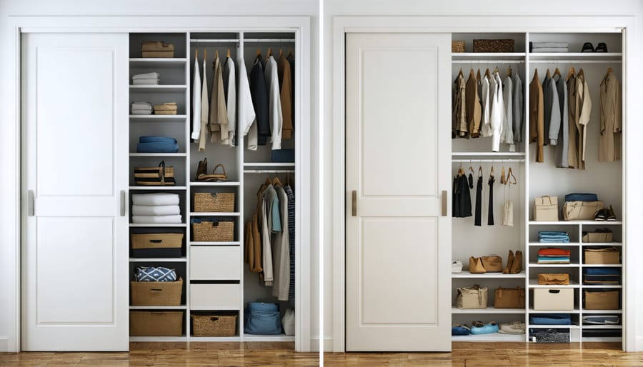Before and after comparison of a sliding door closet organization transformation
