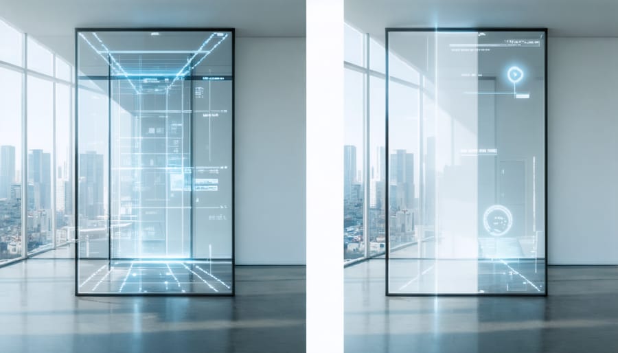 Smart glass window demonstrating transparency control, with one half clear and one half frosted