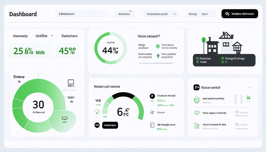 Interactive smart home control panel displaying real-time energy usage statistics and voice command options