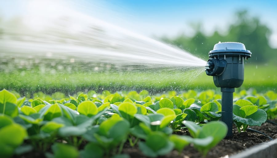 Garden irrigation system with smart controllers and weather sensors, showing mobile app interface for easy control