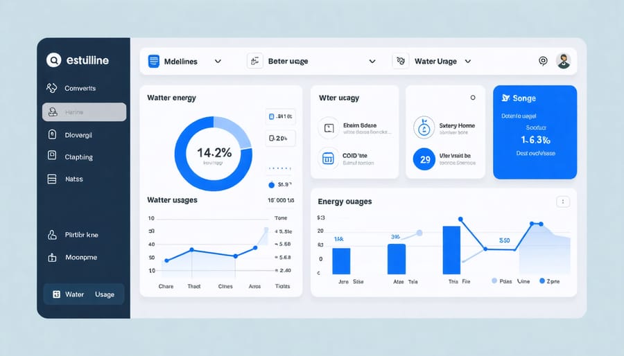 Digital interface displaying household water and energy consumption statistics and controls