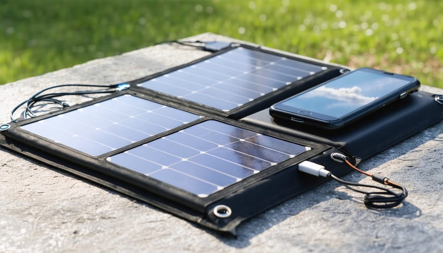 Portable solar charging panel powering multiple electronic devices in nature
