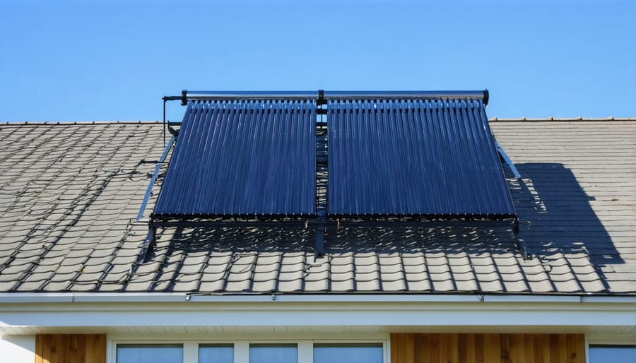 Solar water heating panels installed on residential roof with visible piping system