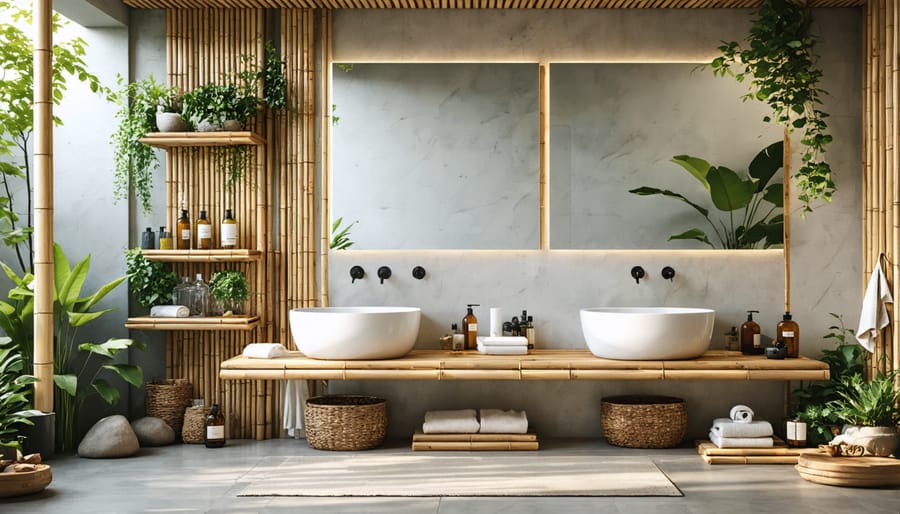 Collection of bamboo bathroom storage containers and accessories arranged on a counter