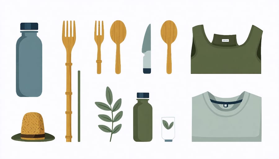 Organized display of eco-friendly travel items including reusable products and sustainable clothing