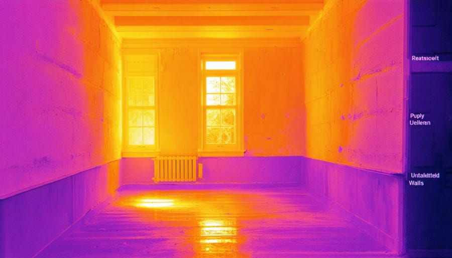 Thermal image of a house showing red and orange areas where heat is escaping through walls and windows