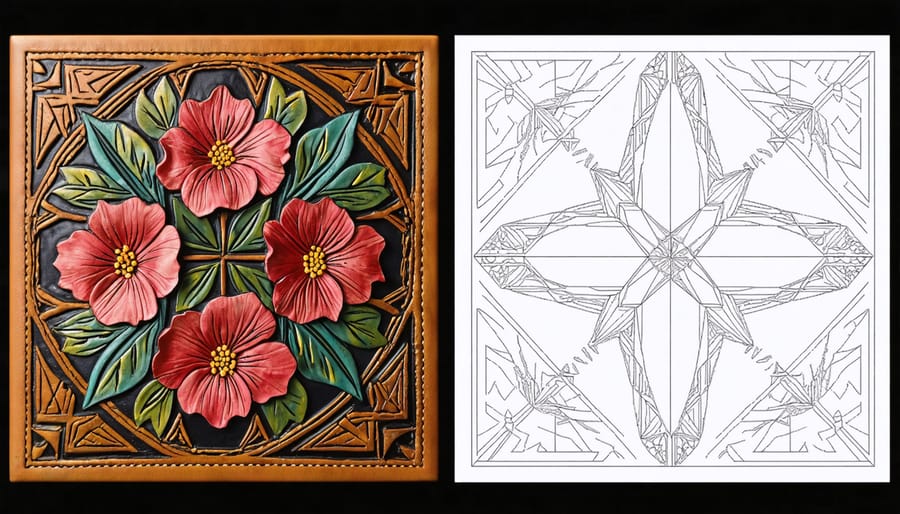 Traditional leather floral pattern compared with contemporary geometric design showing evolution of leather tooling