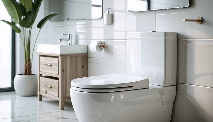 Contemporary bathroom installation showcasing water-efficient fixtures including a dual-flush toilet and low-flow tap