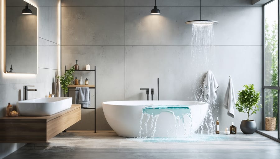 Contemporary bathroom with water-efficient faucets, showerhead, and dual-flush toilet