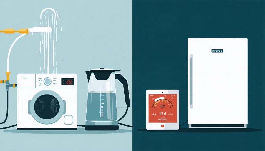 Infographic showing energy consumption of common household water appliances including dishwasher, washing machine, and water heater