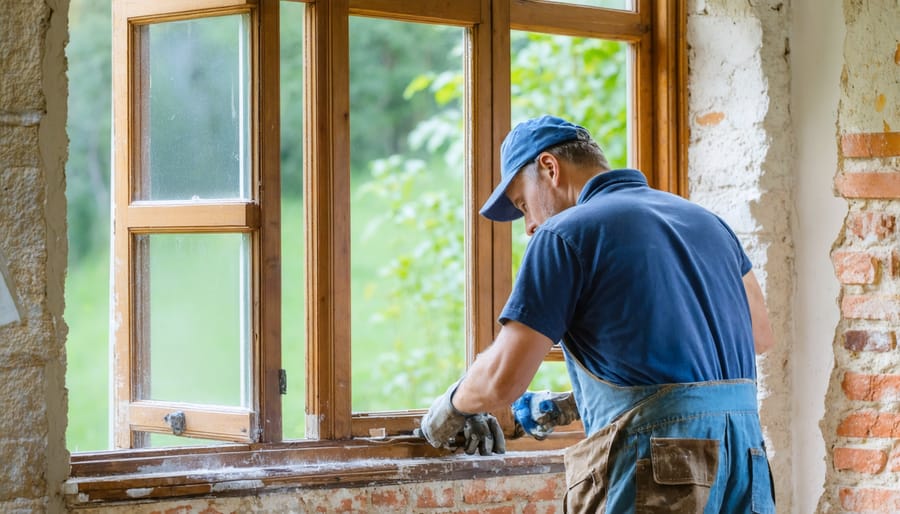 Professional restoration expert working on historic wooden window frame with period-appropriate tools