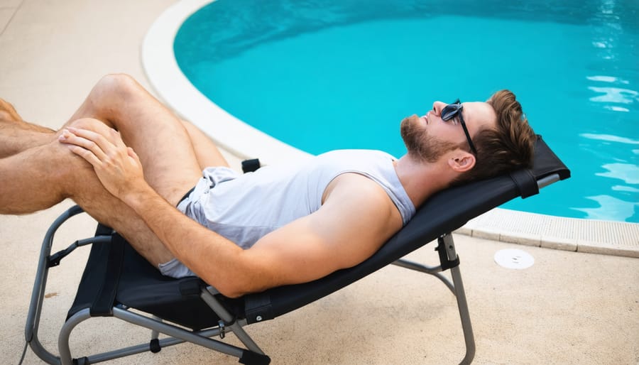 Person experiencing weightless comfort in an outdoor zero gravity chair poolside