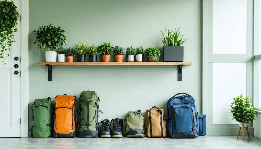 Dedicated storage area showing organized sustainable travel items including containers, utensils, and towels