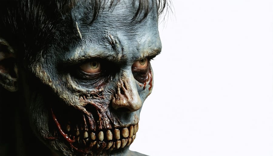 Detailed view of realistic zombie face painting and texture effects