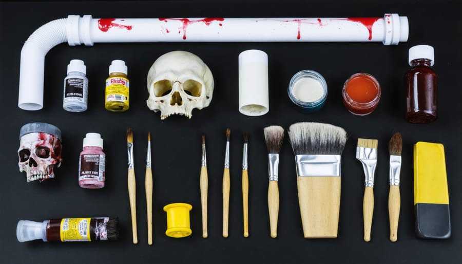 Collection of DIY zombie prop making materials and tools laid out on a work surface