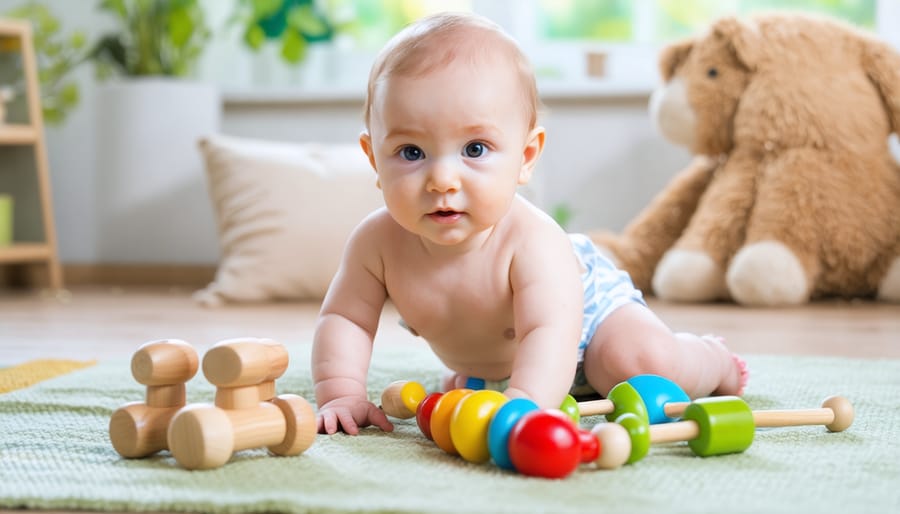Infant exploring eco-friendly toys suitable for 0-12 months age group