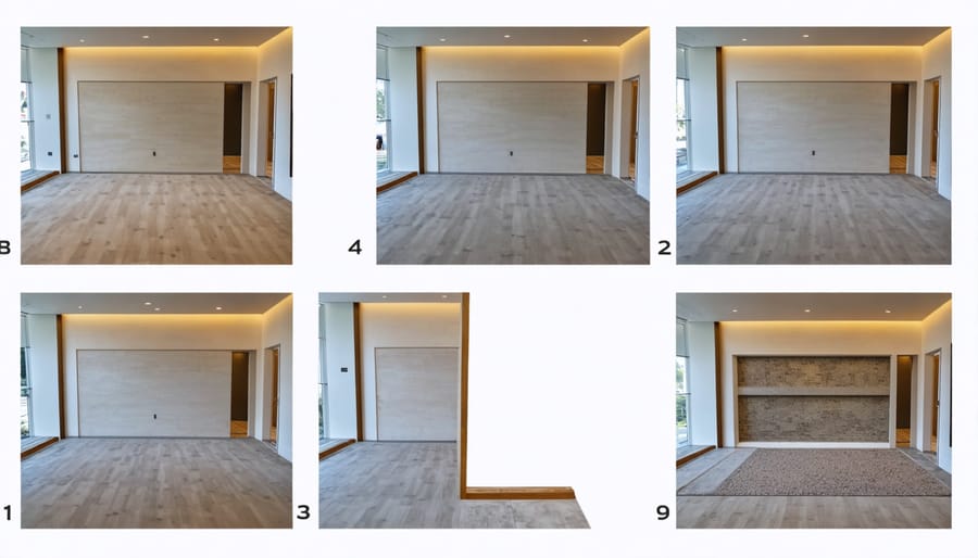 Installation sequence showing measuring, mounting tracks, and assembling closet components