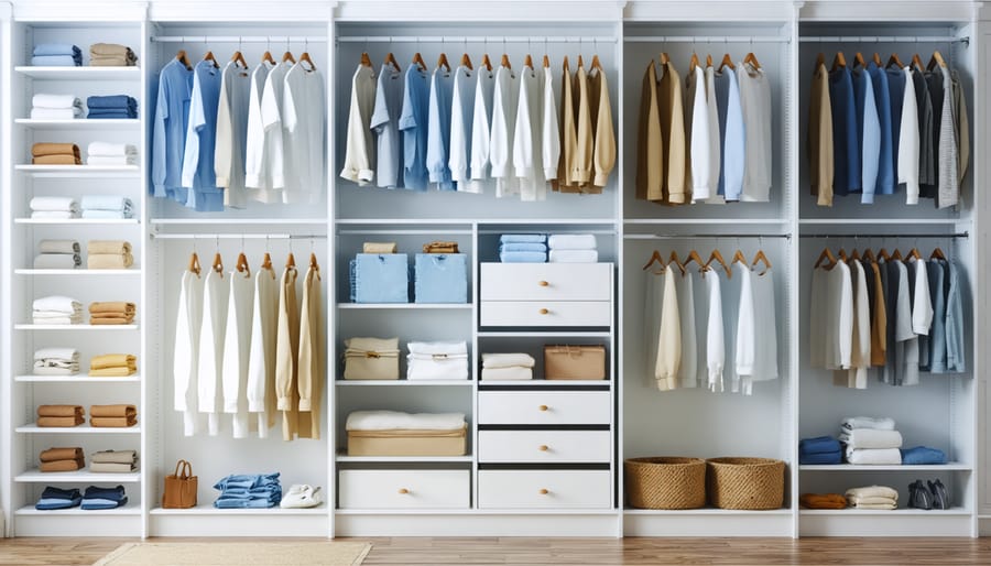 Essential closet system components displayed showing hanging rods, brackets, shelving units, and storage drawers