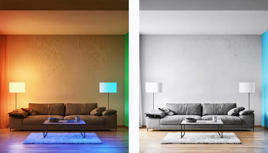 Demonstration of how color temperature affects room ambiance, showing warm yellow versus cool blue lighting
