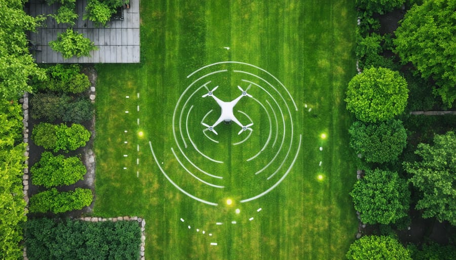 Drone performing aerial scan of a residential garden with scanning pattern overlay
