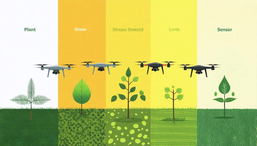 Visual guide showing how drones detect various plant health issues including water stress, pest damage, and nutrient deficiencies