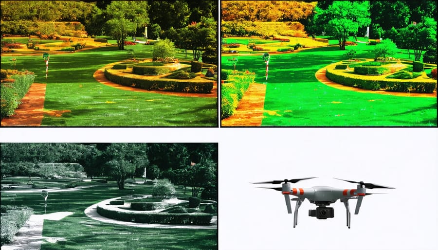 Side-by-side comparison of regular and thermal drone imaging showing plant health analysis
