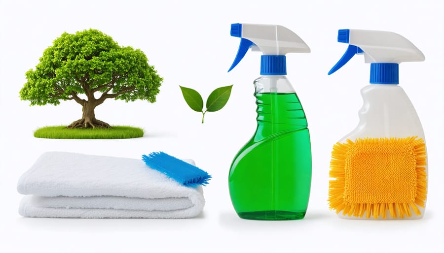 Display of sustainable building materials and natural cleaning products including bamboo, recycled materials, and plant-based cleaners