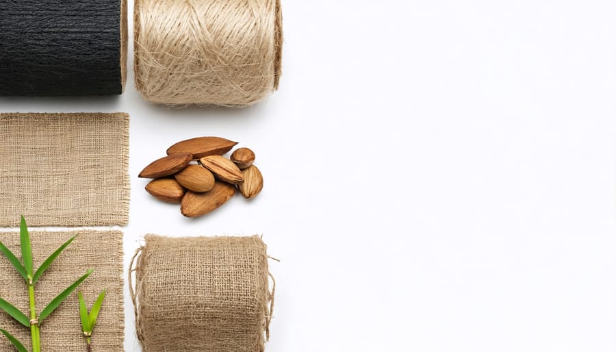 Different sustainable rug materials displayed side by side: recycled plastic bottles, natural jute, and bamboo fibers