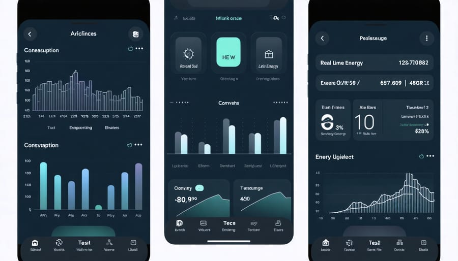 Smartphone screen displaying energy monitoring dashboard with colorful charts and real-time data