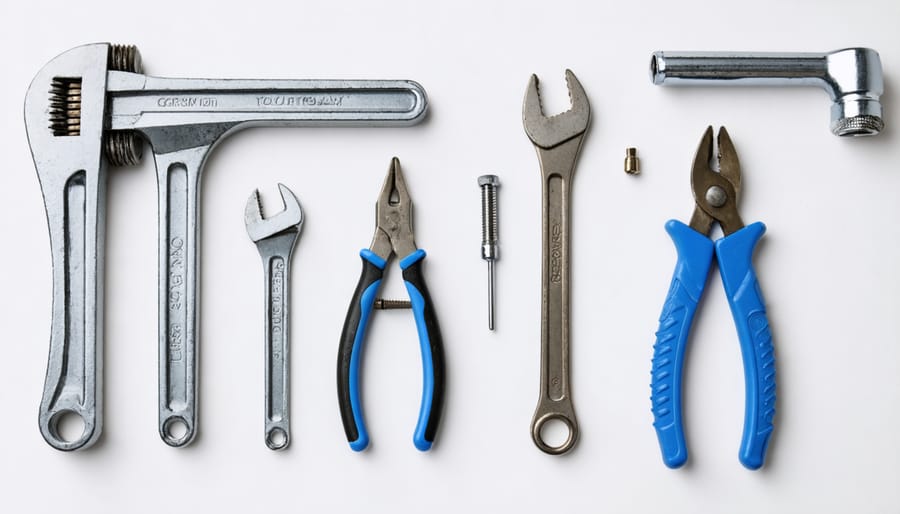 Basic plumbing tools laid out neatly on a workbench