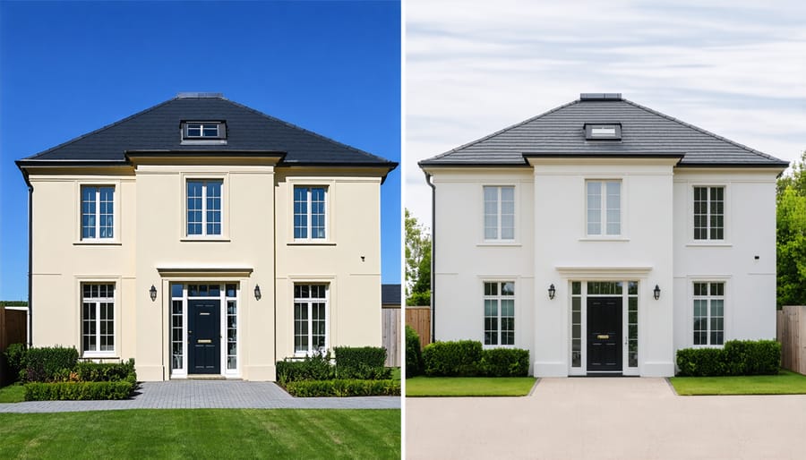 Split image comparing same house before and after exterior painting, showing improved curb appeal